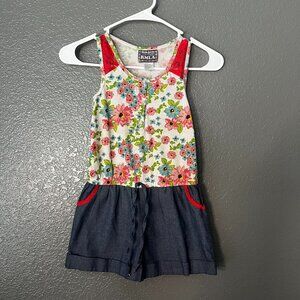 RMLA Girls Romper Floral Print Tank Top Chambray Shorts Lace Detail Size M